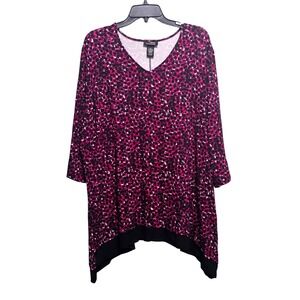 AnyWear by Catherines Tunic Top 2X 22/24W Pink Black Abstract Sharkbite V-Neck